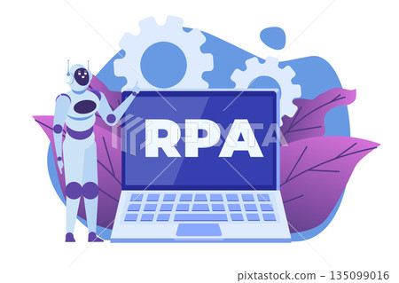 Robotic Process Automation concept, RPA. Robot or Chat bot helps people in different tasks. Vector illustration. Robotic Process Automation concept, RPA. Robot or Chat bot helps people in different tasks. Vector illustration. 135099016