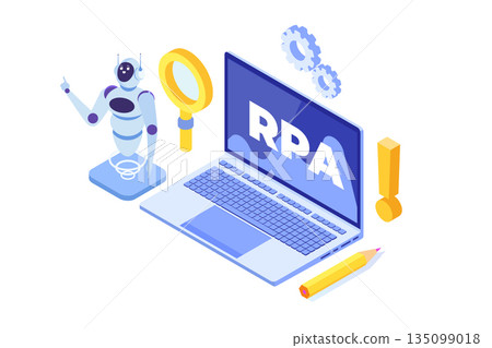 Robotic Process Automation concept, RPA. Robot or Chat bot helps people in  different  tasks. Vector isometric illustration. 135099018