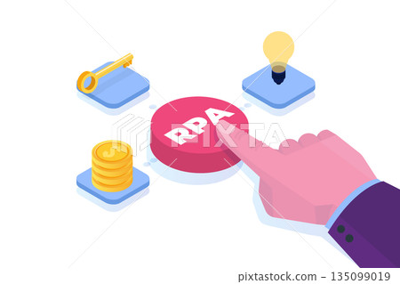Robotic Process Automation concept. Hand press button with RPA inscription. Vector illustration. Robotic Process Automation concept. Hand press button with RPA inscription. Vector illustration. 135099019