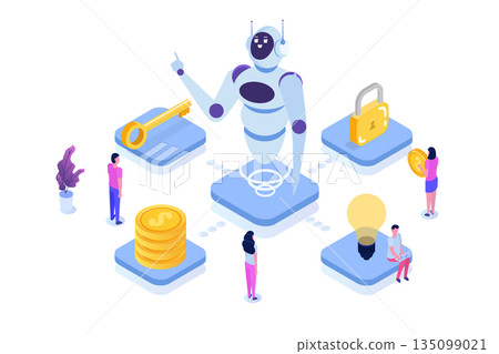 Robotic Process Automation concept, RPA. Robot or Chat bot helps people in different tasks. Vector isometric illustration. Robotic Process Automation concept, RPA. Robot or Chat bot helps people in different tasks. Vector isometric illustration. 135099021