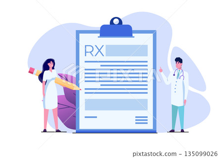 Doctor character writing RX prescription form. Online clinic concept. Vector illustration in flat style. Doctor character writing RX prescription form. Online clinic concept. Vector illustration in flat style. 135099026