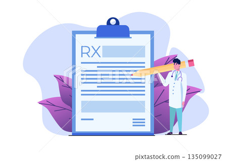 Doctor character writing RX prescription form. Online clinic concept. Vector illustration in flat style. Doctor character writing RX prescription form. Online clinic concept. Vector illustration in flat style. 135099027