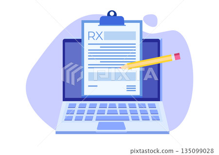 RX prescription form on Clipboard pad on laptop. Online clinic concept. Vector illustration in flat style. RX prescription form on Clipboard pad on laptop. Online clinic concept. Vector illustration in flat style. 135099028