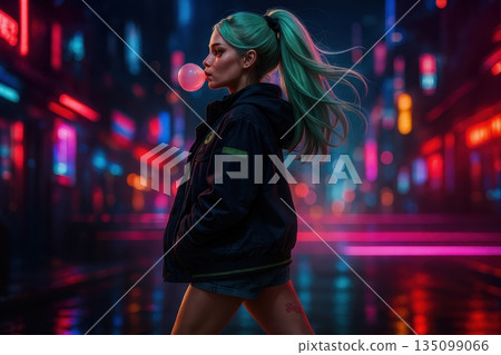 Cyberpunk girl with teal hair walking through neon city blowing bubblegum Cyberpunk girl with teal hair walking through neon city blowing bubblegum 135099066