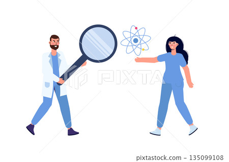 Woman scientists showing atomic model. Vector illustration. 135099108