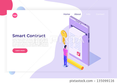Digital signature, Electronic Smart contract.  Isometric Vector illustration, hero images. Web page template. 135099116