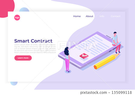 Digital signature, Electronic Smart contract.  Isometric Vector illustration, hero images. Web page template. 135099118
