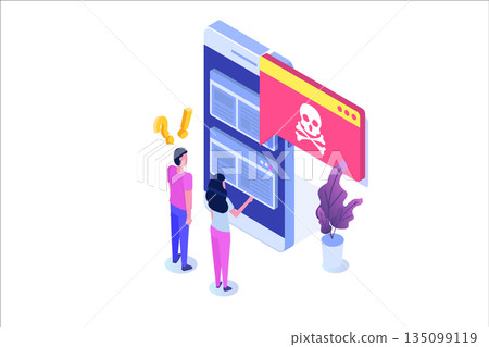 Smartphone virus malware trojan notification or alert. Hacker attack, Mobile security vector concept. 135099119