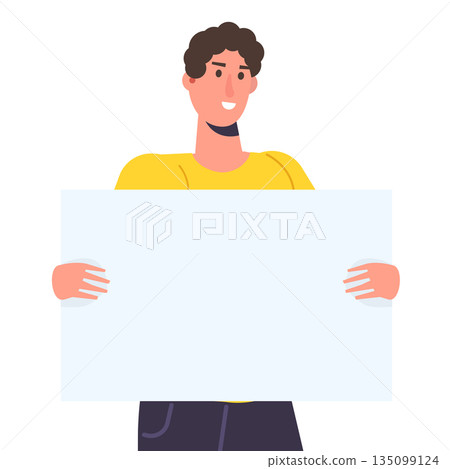 Smiling man holding empty banner. Vector isolated illustration 135099124