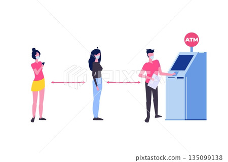 Social distancing and coronavirus covid-19 prevention. People are waiting in line near ATM machine. Vector illustration in a flat style Social distancing and coronavirus covid-19 prevention. People are waiting in line near ATM machine. Vector illustration in a flat style 135099138