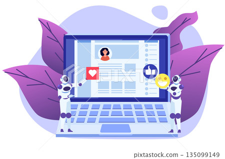 Social media bots, Fake accounts concept. Automation method to gain followers. Vector illustration. Social media bots, Fake accounts concept. Automation method to gain followers. Vector illustration. 135099149