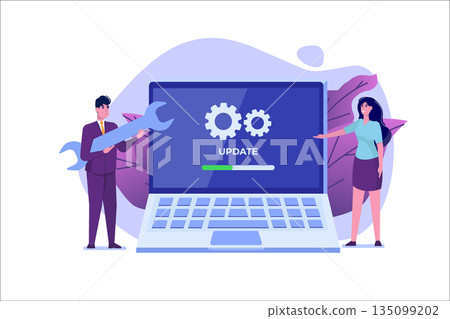 Laptop System update flat style concept. Vector illustration Laptop System update flat style concept. Vector illustration 135099202