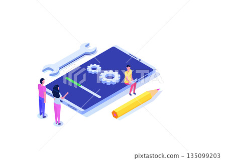 Smartphone System update flat style concept. Vector isometric illustration Smartphone System update flat style concept. Vector isometric illustration 135099203