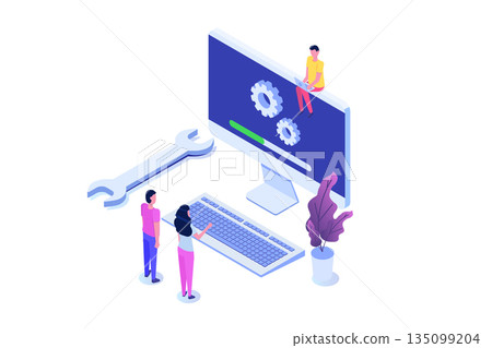 Decktop System update flat style concept. Vector isometric illustration Decktop System update flat style concept. Vector isometric illustration 135099204