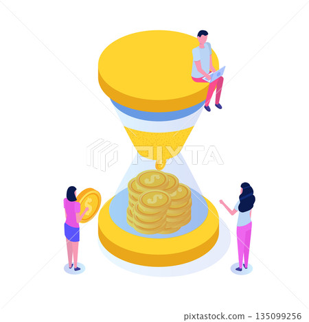 Time is money concept. Saving time and money, budget management. Vector isometric illustration. Time is money concept. Saving time and money, budget management. Vector isometric illustration. 135099256