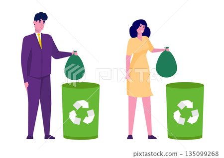Wast concept. Woman and man trowing trash into green recycle selective bin. Vector illustration. 135099268