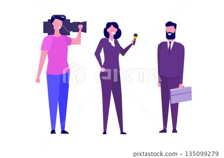 TV reporter character, Journalist special correspondent and camera man concept. Vector illustration. TV reporter character, Journalist special correspondent and camera man concept. Vector illustration. 135099279