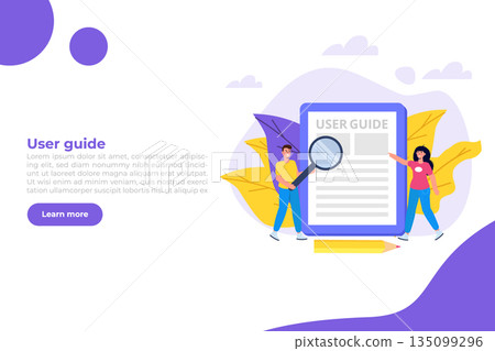 User manual flat style concept. People with guide instruction are discussing about content of handbook. Vector illustration. User manual flat style concept. People with guide instruction are discussing about content of handbook. Vector illustration. 135099296