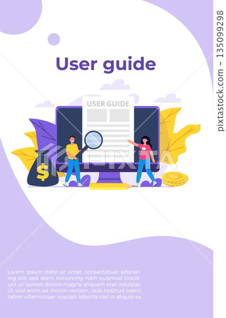 User manual  flat style concept. People with guide instruction are discussing about content of handbook. Vector illustration. 135099298