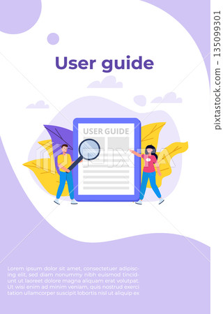 User manual  flat style concept. People with guide instruction are discussing about content of handbook. Vector illustration. 135099301