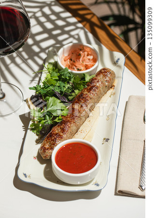 Grilled lula kebab with sauces and fresh herbs 135099309