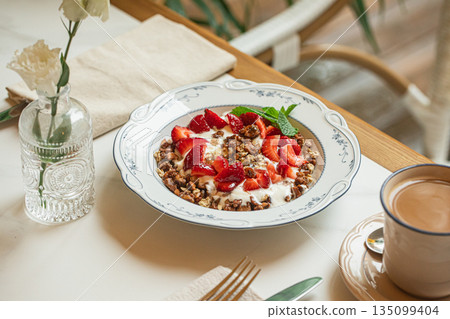 Granola bowl with yogurt and fresh strawberries 135099404