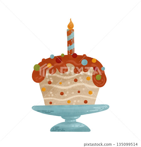 The cupcake is a festive watercolor composition in warm colors, decorated with a single candle. Pastel, gouache. The composition is isolated. For product design, prints, packaging, textiles, wallpaper 135099514