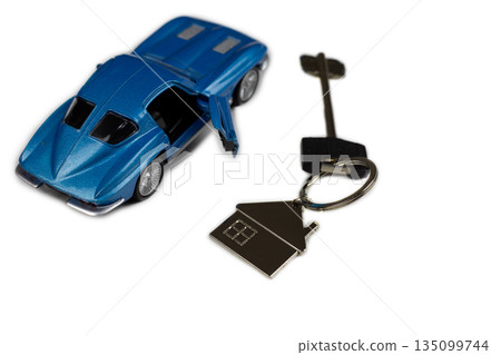 Real estate and car acquisition concept on white background with simple design. Symbols of goal achievement. Getting rich and buying your own car and house. Personal housing and your own car 135099744