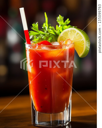 Refreshing Bloody Mary cocktail garnished with herbs 135099763