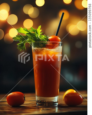 Refreshing Bloody Mary cocktail garnished with herbs 135099768