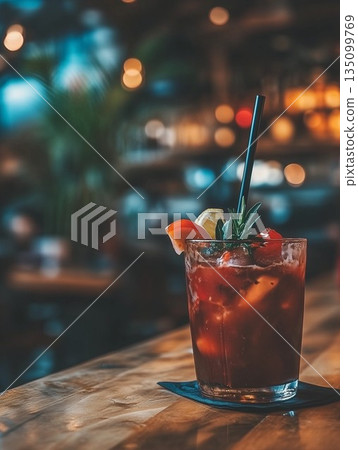 Refreshing Bloody Mary cocktail garnished with herbs 135099769