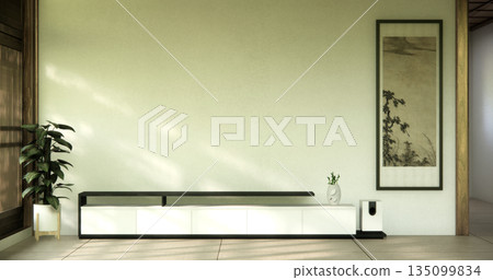 Cabinet on scene living room wall decoration and granite tiles floor.3D rendering 135099834