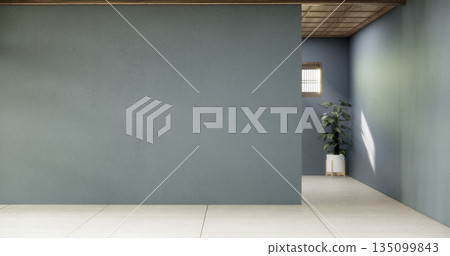 Dark blue color empty room zen style and decoraion wooden design, earth tone.3D rendering 135099843