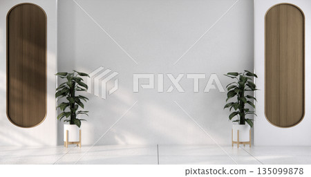 Mock up interior concept Empty room wood docoration wall on tiles floor. 3D illustration rendering 135099878