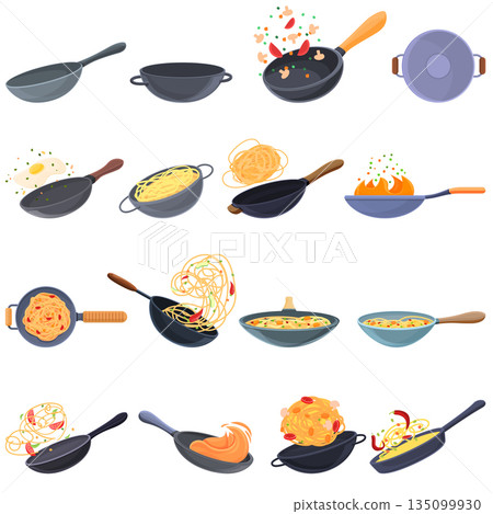 Wok frying pan icons set, cartoon style 135099930