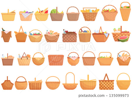 Picnic basket icons set, cartoon style 135099973