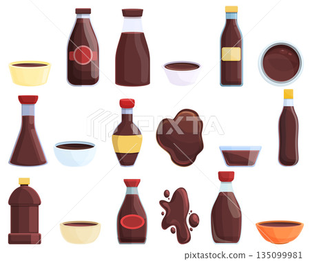 Soy sauce icons set, cartoon style Soy sauce icons set, cartoon style 135099981