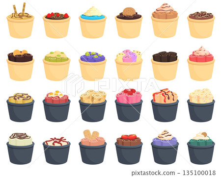 Stir fried ice cream icons set cartoon vector. Thai roll 135100018