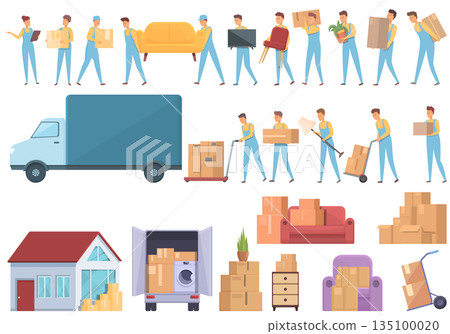 Moving house services icons set cartoon vector. Storehouse box Moving house services icons set cartoon vector. Storehouse box 135100020