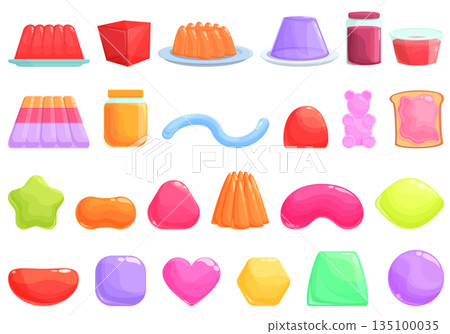 Jelly icons set cartoon vector. Confectionery dessert Jelly icons set cartoon vector. Confectionery dessert 135100035