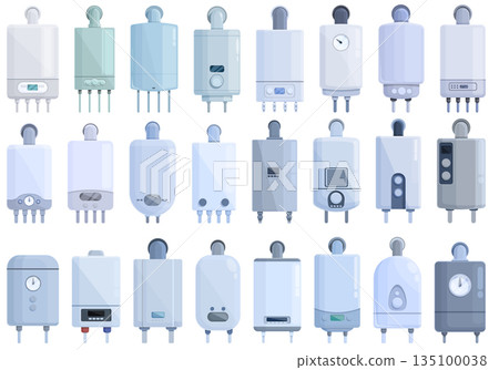 Gas boiler icons set cartoon vector. Room hvac Gas boiler icons set cartoon vector. Room hvac 135100038