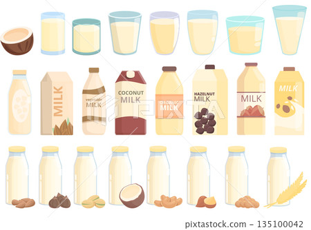 Vegetable milk icons set cartoon vector. Almond soy Vegetable milk icons set cartoon vector. Almond soy 135100042