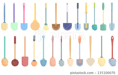 Toilet brush icons set cartoon vector. Home clean Toilet brush icons set cartoon vector. Home clean 135100070
