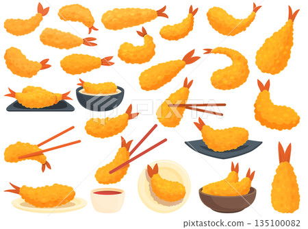 Tempura icons set cartoon vector. Appetizer shrimp 135100082