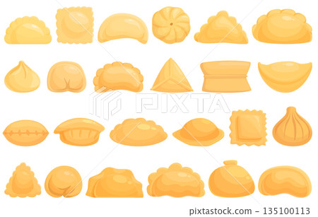Dumplings icons set cartoon vector. Wonton pelmeni Dumplings icons set cartoon vector. Wonton pelmeni 135100113