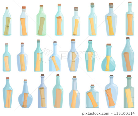 Message in the bottle icons set cartoon vector. Paper cork 135100114
