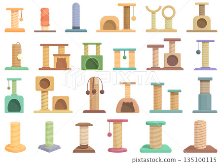 Cats scratching post icons set cartoon vector. Tree tower 135100115