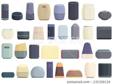 Smart assistant icons set cartoon vector. Smart voice 135100116