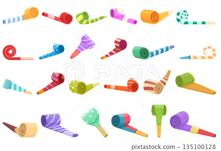 Party blower icons set cartoon vector. Horn birthday Party blower icons set cartoon vector. Horn birthday 135100128