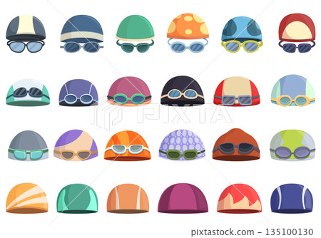 Swimming cap icons set cartoon vector. Pool swim Swimming cap icons set cartoon vector. Pool swim 135100130